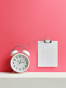 月份日历摄影照片_粉红色桌面背景上的白色闹钟和日历