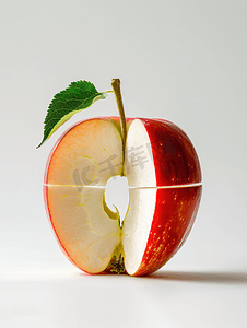 绿叶背景摄影照片_红苹果切成两半绿叶孤立在白色背景上