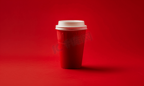 红杯摄影照片_红色背景中的红杯外卖咖啡