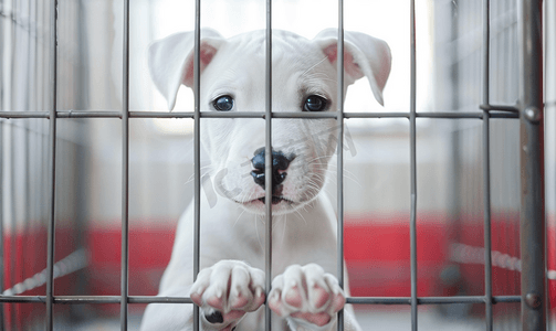 关在笼子里的白色比特犬小狗