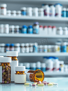 药店货架背景中的药瓶和药丸的组成
