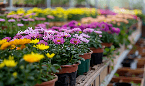 温室里一排排年轻的紫苑花种植园里有很多室内植物