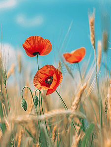 玉米田里的红色鲜罂粟花映衬着大自然的蓝天