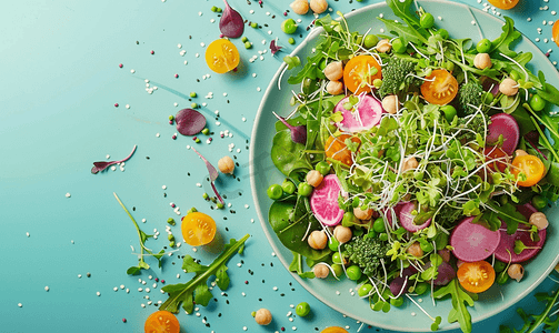 素食健康沙拉由豌豆微绿芽和发芽豆类食品背景制成