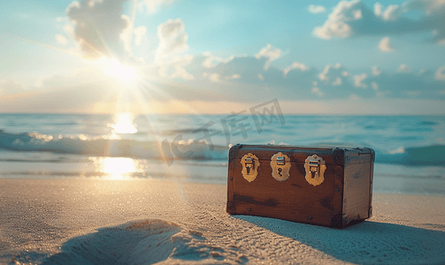 阳光海滩上的木制宝盒