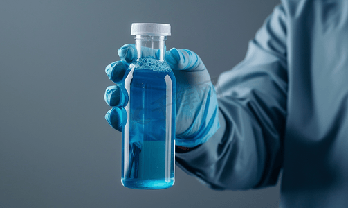一位医生拿着一个装满蓝色液体的小瓶戴着乳胶手套孤立在灰色上