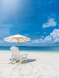 白色沙滩椅和伞在热带海滩上与蓝天