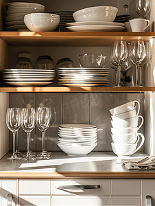 618黑金首页摄影照片_厨房橱柜架子上的一套盘子、杯子、刀叉和酒杯