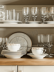 淘宝首页素材模板摄影照片_厨房柜子架子上的一组盘子杯子