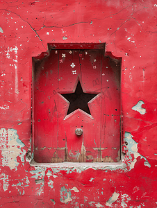 红色的星摄影照片_外面复古而古老的红色隔断墙有星形孔