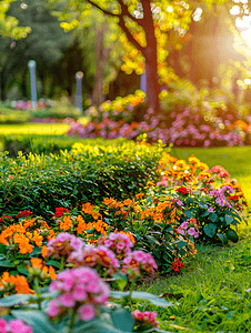 景观公园内有鲜花和灌木的装饰花坛