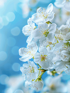 春季背景蓝色背景上的白色樱花