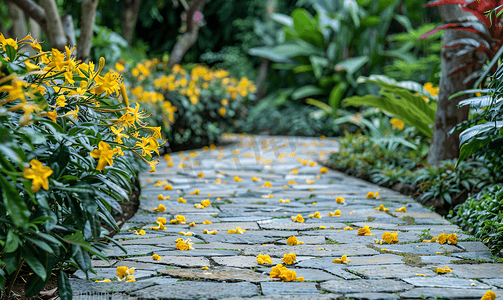 有黄色花朵的石质走道花园中的黄色凤凰木