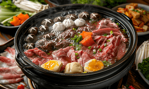 火锅涮肉摄影照片_寿喜烧或涮锅黑汤配肉和蔬菜