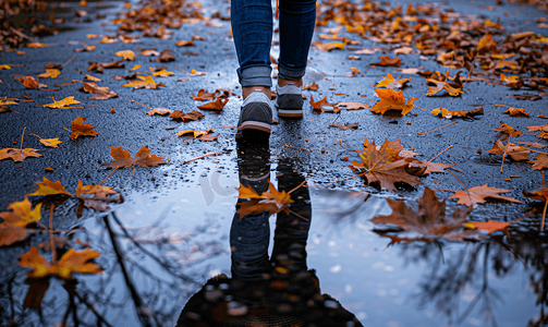 落叶和青少年在雨坑附近