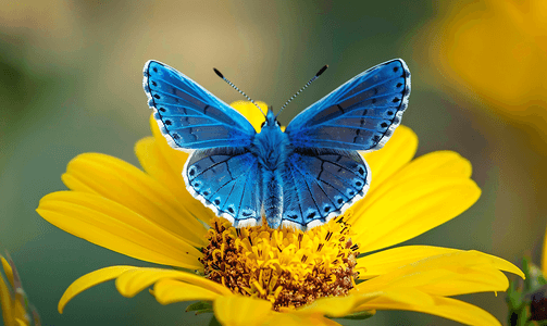 蝴蝶结狗骨头摄影照片_大自然中一只蓝色蝴蝶坐在黄花上的特写