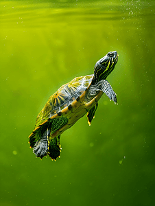 水中植物卡通摄影照片_绿水中游泳的蛇颈龟