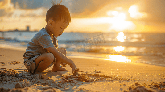 沙滩捡贝壳摄影照片_海边玩沙子捡贝壳的儿童16