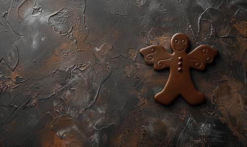 棕色的圣诞背景摄影照片_深色水泥桌上的圣诞自制姜饼天使剪影