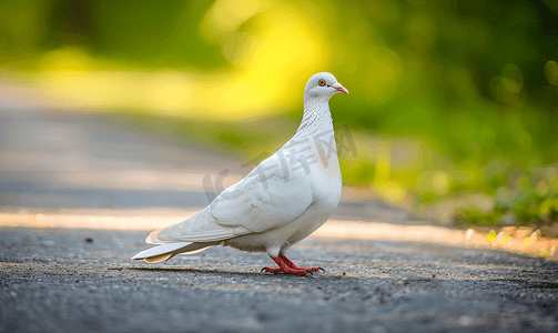 希望与和平的象征白鸽在铺好的道路上选择性聚焦
