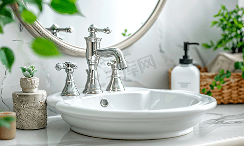 昂贵浴室中带肥皂和洗发水分配器的水龙头的金属水龙头水槽