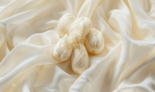 蚕茧摄影照片_白色丝织物上的天然蚕茧
