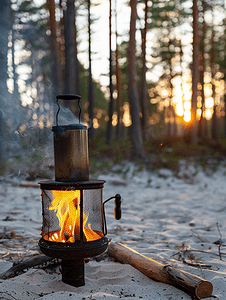 森林背景中小铁烤炉立在沙地上火光熊熊