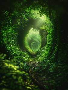 浮层引导页摄影照片_一条黑暗的绿色隧道引导着眼睛沿着小路走向远方