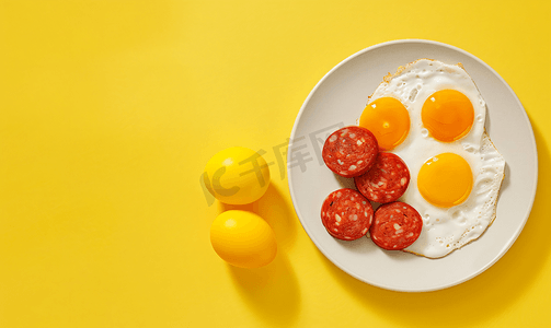黄色的圆形摄影照片_煎鸡蛋和煮香肠的顶视图分离