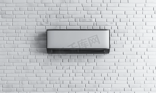 空气品质摄影照片_白砖墙上悬挂的现代黑色空调高品质照片