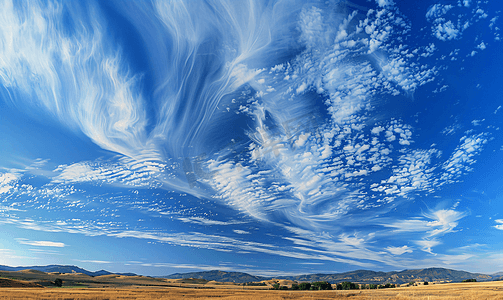 立体条纹球摄影照片_具有蓝天背景和大白色微小层云卷云条纹的景观