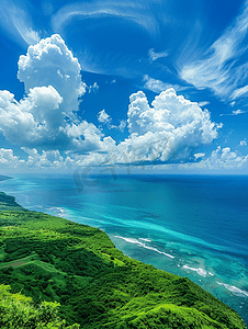 天白云摄影照片_白云蓝天大海绿地为自然背景的海景