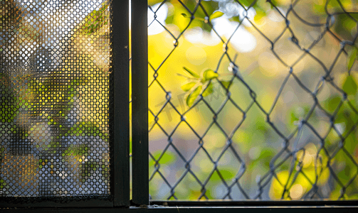 昆虫金属摄影照片_房屋窗户上的蚊帐金属丝网可防止昆虫