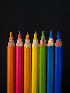 黑色背景上一排排带橡皮擦的彩色铅笔