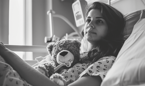 女孩子摄影照片_在医院房间黑白相片中带着泰迪熊的女