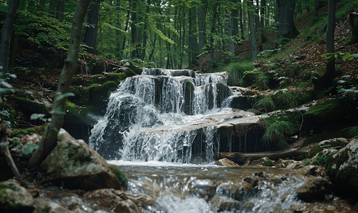 瀑布水流摄影照片_奥地利森林里有乳白色水流的小瀑布