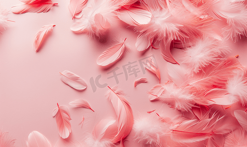 粉红色柔和背景上美丽的粉红色鸟羽毛平躺有复制空间