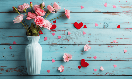 蓝色礼物摄影照片_情人节配件和蓝色木桌上有花的花瓶顶视图