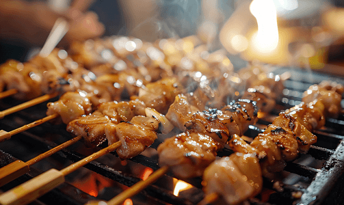 日式烤鸡或居酒屋风格的烤鸡肉串