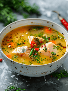 鱼汤摄影照片_莳萝和辣椒调味的鱼汤
