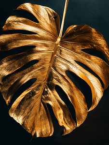 竹叶植物摄影照片_黑色背景上涂上金黄色的棕榈龟背竹叶