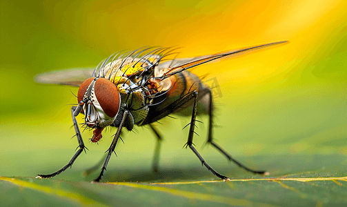 叶上苍蝇飞虫动物与自然的宏观拍摄