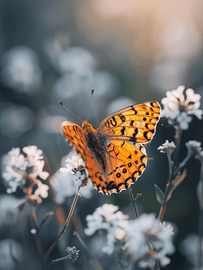 国潮白花摄影照片_美丽的橙色蝴蝶栖息在一朵白花上