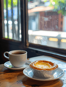 木桌上的铝箔杯中盛有蛋挞的咖啡