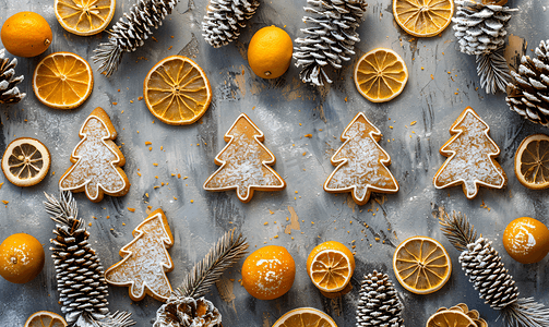 灰色混凝土背景上姜饼圣诞树装饰干柑橘水果