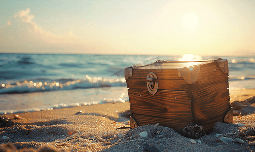 宝箱子摄影照片_阳光海滩上的木制宝盒