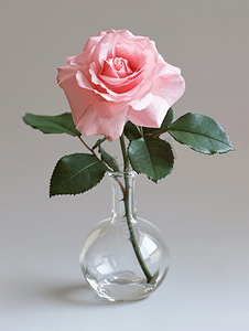 蓝色花束摄影照片_桌上玻璃花瓶中插着一朵粉色玫瑰
