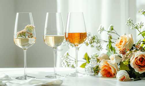餐饮玻璃设计摄影照片_用鲜花和酒杯制作桌子