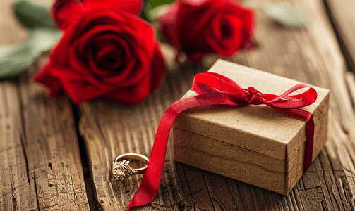 礼盒生日摄影照片_木桌上有红丝带环金花玫瑰的礼盒
