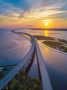 风铃大道摄影照片_阿拉巴马湾沿岸日落时莫比尔湾和朱比利公园大道桥的鸟瞰图